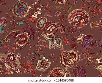 Decorative seamless floral pattern for fabric, tapestry, wallpaper and backgrounds in the style of a traditional oriental paisley pattern. Stylized flowers and leaves.