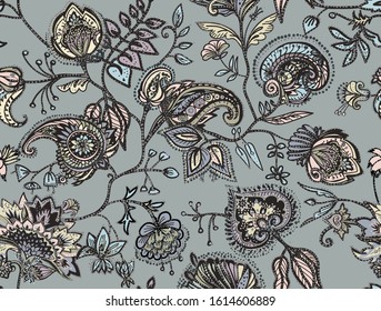 Decorative seamless floral pattern for fabric, tapestry, wallpaper and backgrounds in the style of a traditional oriental paisley pattern. Stylized flowers and leaves.