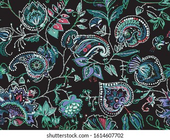 Decorative seamless floral pattern for fabric, tapestry, wallpaper and backgrounds in the style of a traditional oriental paisley pattern. Stylized flowers and leaves.