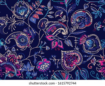 Decorative seamless floral pattern for fabric, tapestry, wallpaper and backgrounds in the style of a traditional oriental paisley pattern. Stylized flowers and leaves.