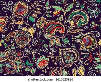 Decorative seamless floral pattern for fabric, tapestry, wallpaper and backgrounds in the style of a traditional oriental paisley pattern. Stylized flowers and leaves.