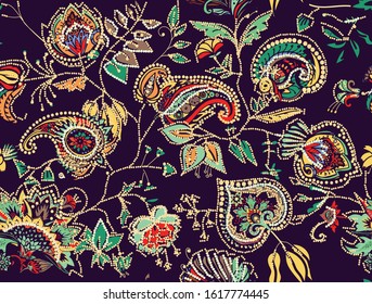 Decorative seamless floral pattern for fabric, tapestry, wallpaper and backgrounds in the style of a traditional oriental paisley pattern. Stylized flowers and leaves.