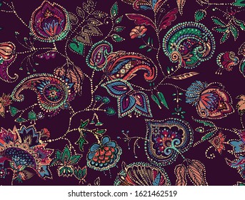 Decorative seamless floral pattern for fabric, tapestry, wallpaper and backgrounds in the style of a traditional oriental paisley pattern. Stylized flowers and leaves.