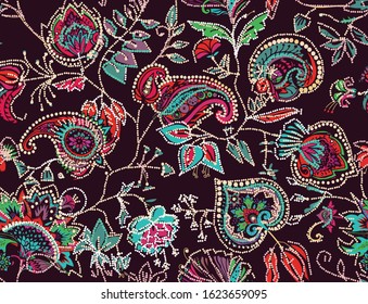 Decorative seamless floral pattern for fabric, tapestry, wallpaper and backgrounds in the style of a traditional oriental paisley pattern. Stylized flowers and leaves.