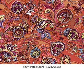 Decorative seamless floral pattern for fabric, tapestry, wallpaper and backgrounds in the style of a traditional oriental paisley pattern. Stylized flowers and leaves.