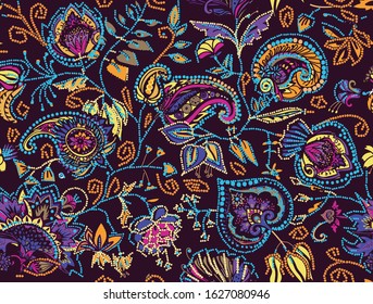 Decorative seamless floral pattern for fabric, tapestry, wallpaper and backgrounds in the style of a traditional oriental paisley pattern. Stylized flowers and leaves.