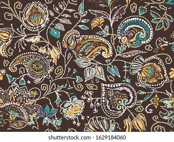 Decorative seamless floral pattern for fabric, tapestry, wallpaper and backgrounds in the style of a traditional oriental paisley pattern. Stylized flowers and leaves.