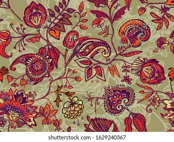 Decorative seamless floral pattern for fabric, tapestry, wallpaper and backgrounds in the style of a traditional oriental paisley pattern. Stylized flowers and leaves.