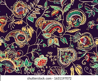 Decorative seamless floral pattern for fabric, tapestry, wallpaper and backgrounds in the style of a traditional oriental paisley pattern. Stylized flowers and leaves.