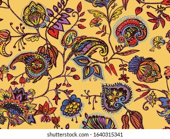 Decorative seamless floral pattern for fabric, tapestry, wallpaper and backgrounds in the style of a traditional oriental paisley pattern. Stylized flowers and leaves.