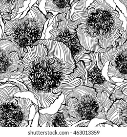 Decorative seamless floral pattern with flowers of peony, monochrome vector illustration, textile decor and design, botanical texture for printing on fabric, paper or wrapping