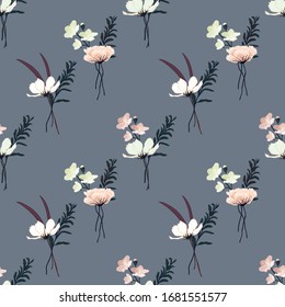Decorative seamless floral pattern with hand drawn vintage flowers. Wallpaper with lily, camellia rose, sakura cherry blossom, grass and leaves bouquet on grey background, vector eps 10 illustration.