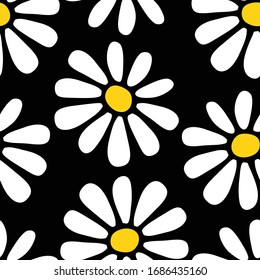 Decorative seamless floral pattern with hand drawn white yellow daisy flowers on black background. Retro style flat design for fabric textile, wallpaper, wrapping paper, package, covers. Vector EPS10