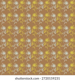 Un patrón floral sin fisuras decorativo sobre un fondo marrón cálido con enredaderas y hojas amarillas y azul pálido, adecuado para Fondos de pantalla, textiles y artesanías con un toque botánico y vintage