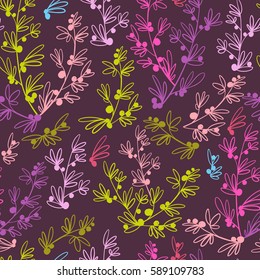 Decorative seamless floral pattern. Ornamental vector line art hand drawn. Flowers, plants, branches and leaves stylized background.