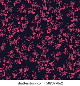 Decorative seamless floral pattern. Ornamental vector line art hand drawn. Flowers, plants, branches and leaves stylized background.