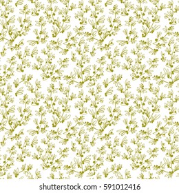 Decorative seamless floral pattern. Ornamental vector line art hand drawn. Flowers, plants, branches and leaves stylized background.
