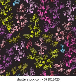 Decorative seamless floral pattern. Ornamental vector line art hand drawn. Flowers, plants, branches and leaves stylized background.