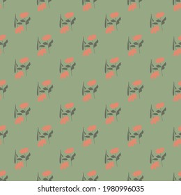 Decoración floral impecable con adorno de flores rosadas simples. Fondo verde pálido. Estilo Doodle. Ilustración vectorial para impresiones textiles estacionales, tela, carteles, telas de fondo y papel pintado.