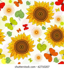 Decorative seamless floral summer pattern with sunflowers and butterflies (vector)