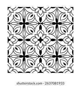 Decorative seamless floral tile pattern in black and white, symmetrical geometric elements on a plain background. Concept of elegance and interior decor. Vector illustration