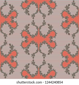 Decorative seamless floral Victorian pattern with leaves in mute pink, blue and brown hues, vector as a fabric texture