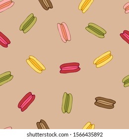 Decorative seamless food pattern. Colorful macaroons on a light beige background. Vector graphics.
