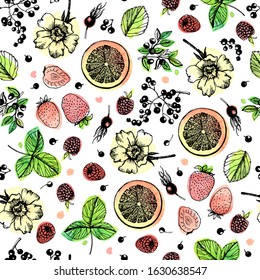 Decorative seamless Fruit tea. Graphic set. Flowers, buds, fruits, leaves, branches. Vector illustration. Manual graphics.