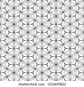 Decorative seamless geometric pattern in Japanese style Kumiko.Black and white silhouette lines.For design template,textile,lattice,fabric,wrapping paper,laser cutting and engraving.Hexagon grid.