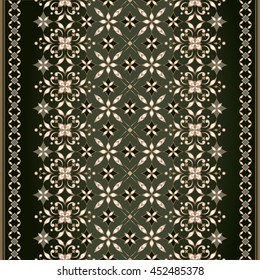 Decorative seamless golden border  in Eastern style  on dark green background.  Ornate element for design. Ornamental lace pattern. Traditional floral golden decor.