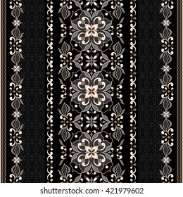 Decorative seamless golden border on black background.  Ornate element for design. Ornamental lace pattern for invitations and greeting cards. Traditional golden decor on  black background.
