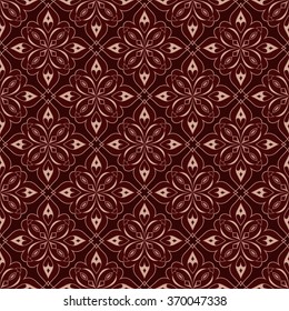Decorative seamless golden texture on red.  Element for design. Ornamental backdrop. Ornate floral decor for wallpaper. Traditional golden decor on red background.