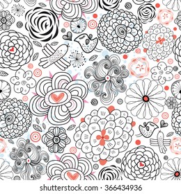 Decorative seamless graphic floral pattern with birds in love on white background