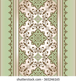 Decorative seamless green border on beige. Ornate element for design. Ornamental lace pattern for invitations and greeting cards. Traditional floral decor.