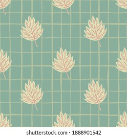 Decorative seamless hand drawn pattern with light autumn contoured leaves. Turquoise checkered background. Decorative backdrop for fabric design, textile print, wrapping, cover. Vector illustration.