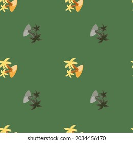 Decorativo estilo hawaii sin fisuras con doodle Island y palmeras impresas. Fondo verde pálido. Estilo sencillo. Diseñado para el diseño de tejidos, impresión textil, envoltura, cubierta. Ilustración vectorial.