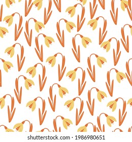 Decorativo patrón aislado sin fisuras con ornamento de flores naranja gotas de nieve aleatoria. Fondo blanco. Ilustración vectorial para impresiones textiles estacionales, tela, carteles, telas de fondo y papel pintado.