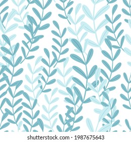 Decorative seamless isolated pattern with random blue simple style herbal twigs ornament. White background. Graphic design for wrapping paper and fabric textures. Vector Illustration.