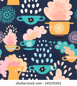 Decorative seamless kitchen pattern. Background with cups, teapots, coffee and pan, saucepan. Pots and pans