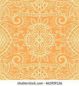 Decorative seamless lace ethnic pattern. Hand drawn geometric floral ornament, bandanna shawl, carpet design. Vector decoration doodle background with seamless texture