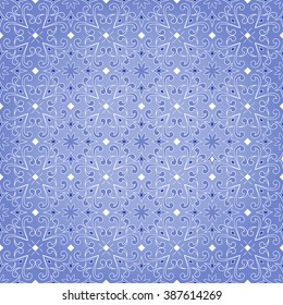 Decorative seamless lace white texture on blue background.  Element for design. Ornamental backdrop. Pattern fill. Ornate floral decor for wallpaper. Traditional decor on blue background.