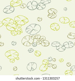 Decorative seamless lily pads. Ornamental line art hand drawing. Vector pattern on pastel light background.