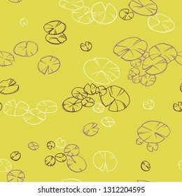 Decorative seamless lily pads. Ornamental line art hand drawing. Vector pattern on green background.