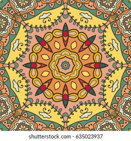 Decorative seamless mandala pattern. Colorful abstract art, stylized floral doodle background. Tribal ethnic ornate decoration. Arabic, indian, turkish ornament. Hand drawn repeating texture