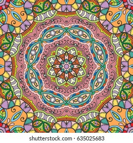 Decorative seamless mandala pattern. Colorful abstract art, stylized floral doodle background. Tribal ethnic ornate decoration. Arabic, indian, turkish ornament. Hand drawn repeating texture