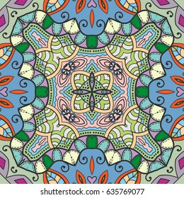 Decorative seamless mandala pattern. Colorful abstract art, stylized floral doodle background. Tribal ethnic ornate decoration. Arabic, indian, turkish ornament. Hand drawn repeating texture
