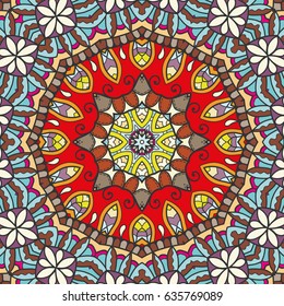 Decorative seamless mandala pattern. Colorful abstract art, stylized floral doodle background. Tribal ethnic ornate decoration. Arabic, indian, turkish ornament. Hand drawn repeating texture