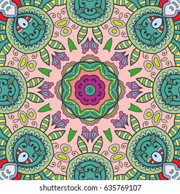 Decorative seamless mandala pattern. Colorful abstract art, stylized floral doodle background. Tribal ethnic ornate decoration. Arabic, indian, turkish ornament. Hand drawn repeating texture