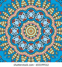 Decorative seamless mandala pattern. Colorful abstract art, stylized floral doodle background. Tribal ethnic ornate decoration. Arabic, indian, turkish ornament. Vector geometric repeating texture