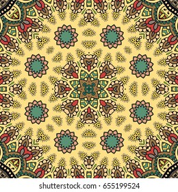 Decorative seamless mandala pattern. Colorful abstract art, stylized floral doodle background. Tribal ethnic ornate decoration. Arabic, indian, turkish ornament. Vector geometric repeating texture